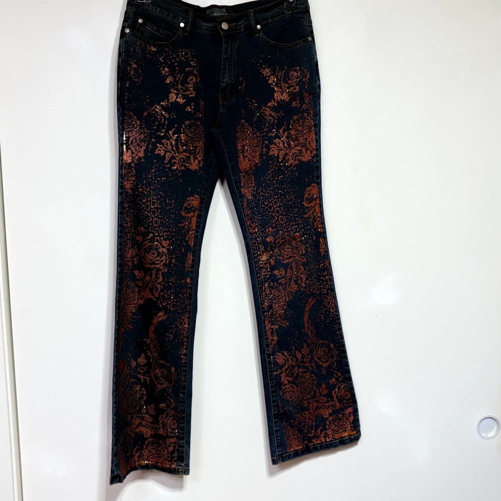 RC Collection Womens Bootcut Jeans Dark Wash Copper Metallic Floral Print XL